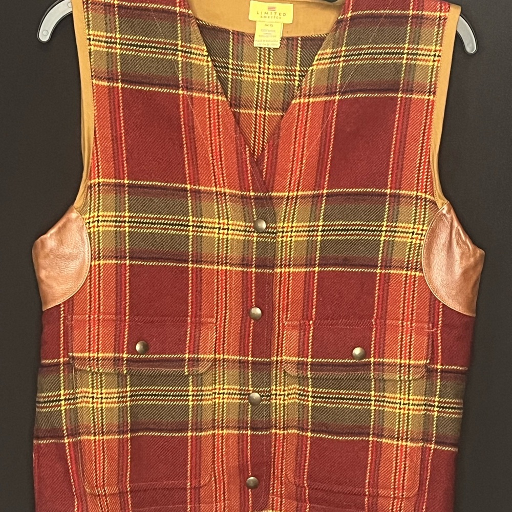 Vintage Plaid Wool Vest with Leather Accents